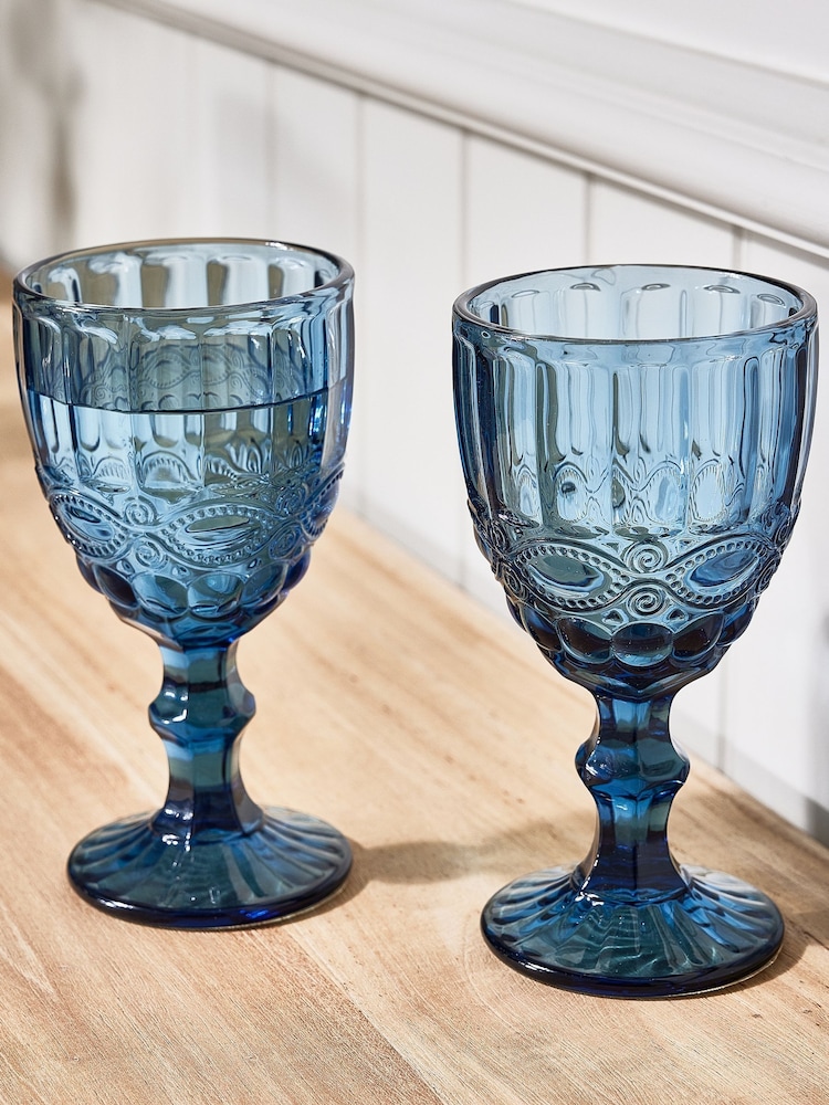 Dibor Set of 4 Blue Aurielle Embossed Wine Glasses - Image 2 of 5