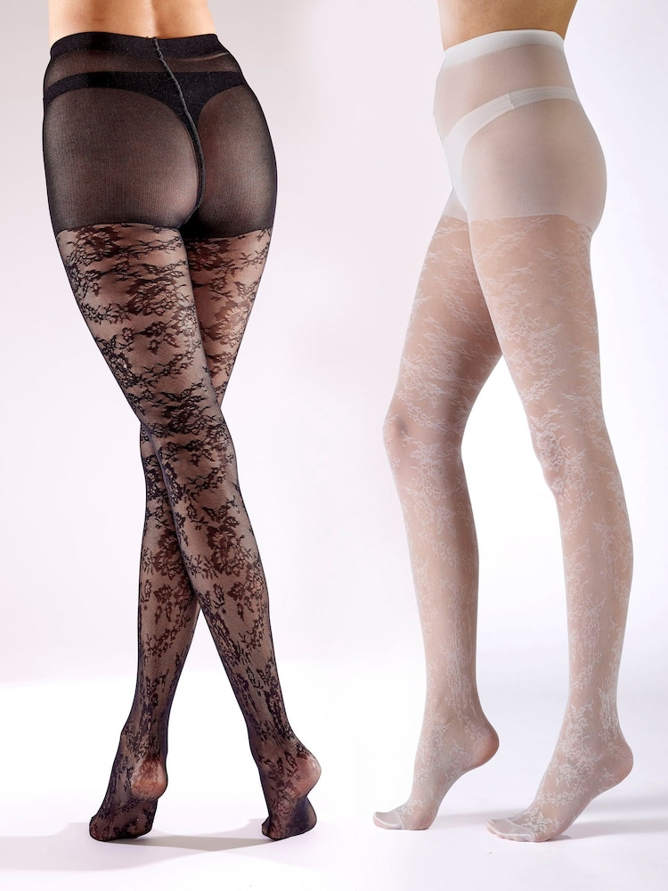 Pretty Polly Floral Black Tights 2 Pack - Image 1 of 7