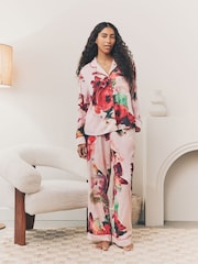 Pink Red Floral - B by Ted Baker Pink Red Floral Satin Button Through Pyjamas - Image 1 of 13