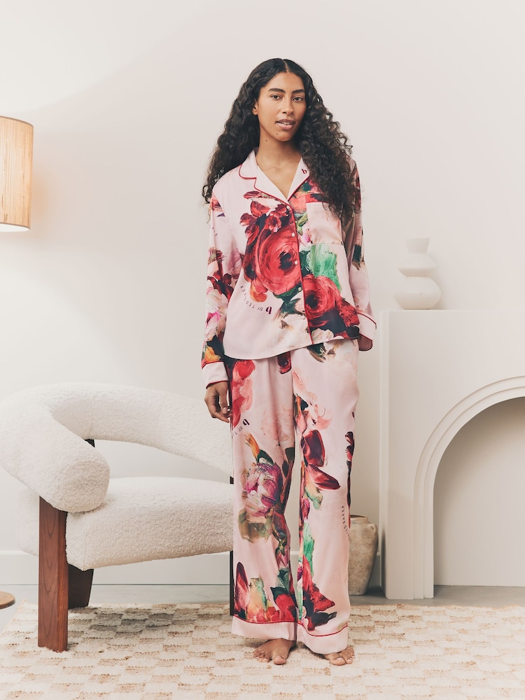 Pink Red Floral - B by Ted Baker Pink Red Floral Satin Button Through Pyjamas - Image 1 of 13