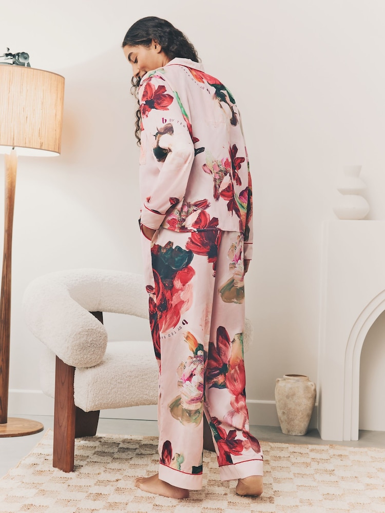 Pink Red Floral - B by Ted Baker Pink Red Floral Satin Button Through Pyjamas - Image 2 of 13