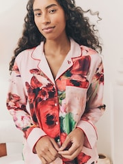 Pink Red Floral - B by Ted Baker Pink Red Floral Satin Button Through Pyjamas - Image 5 of 13