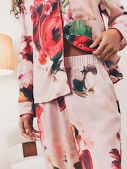 Pink Red Floral - B by Ted Baker Pink Red Floral Satin Button Through Pyjamas - Image 6 of 13