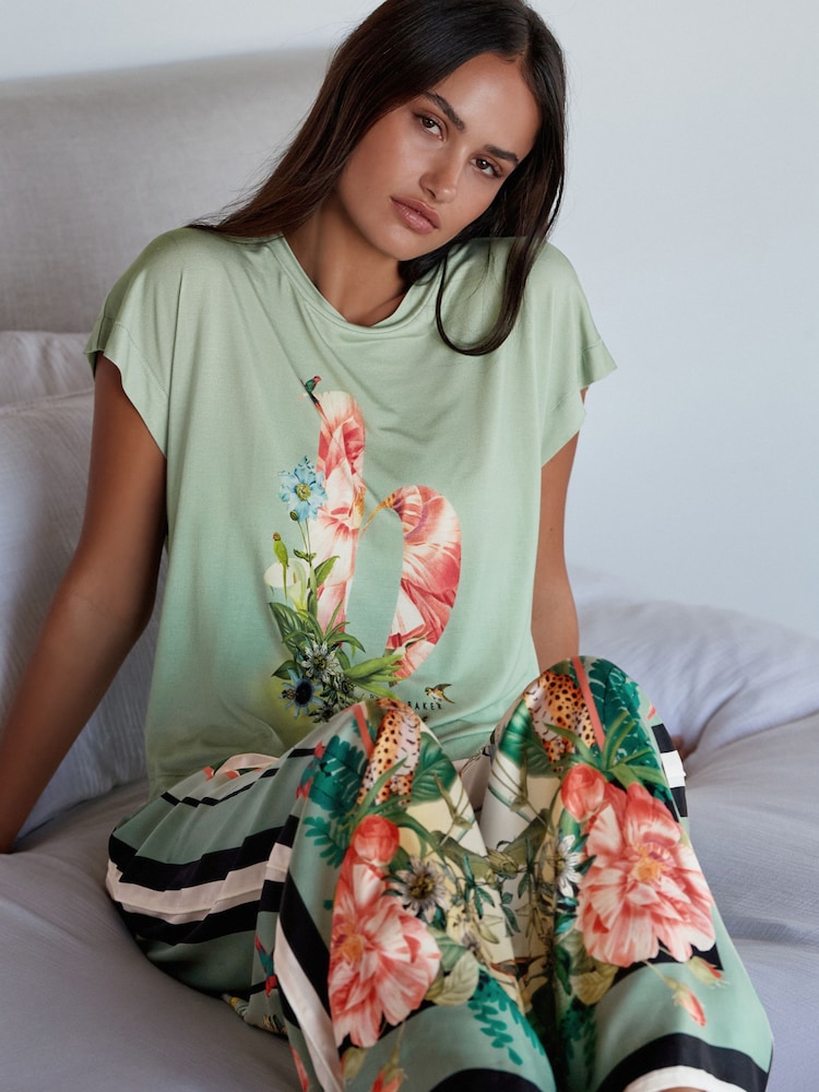 B by Ted Baker Green Floral Satin Jersey Short Set Pyjamas - Bild 2 von 12