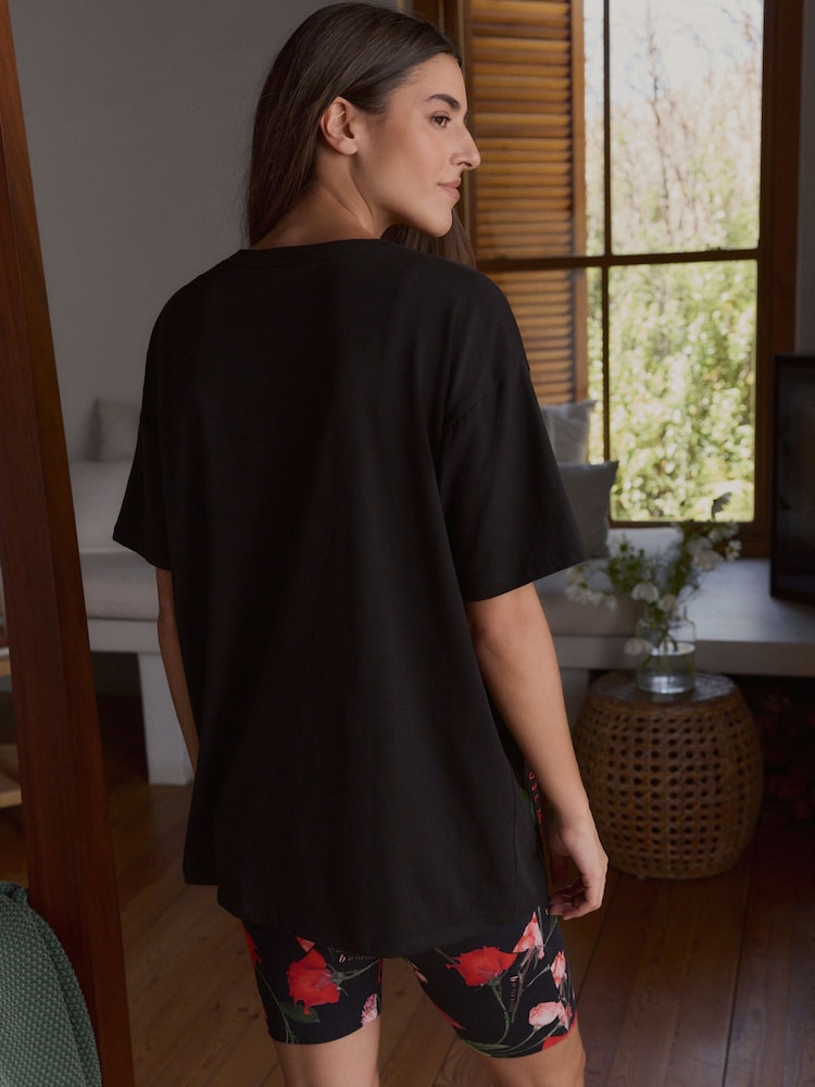 B by Ted Baker - Zwarte fietsbroekenset met rozenprint pyjama - Image 3 of 5