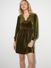Monsoon Green Vicki Embroidered Velvet Mini Dress - Image 1 of 4