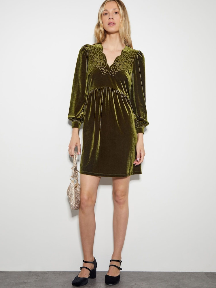 Monsoon Green Vicki Embroidered Velvet Mini Dress - Image 4 of 4