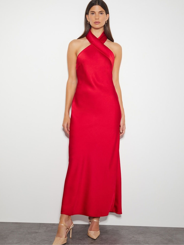 Monsoon Red Jodie Halter Satin Maxi Dress - Image 1 of 4