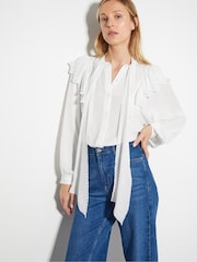 Monsoon Natural Cassie Broderie Frill Tie-Neck Blouse - Image 1 of 6