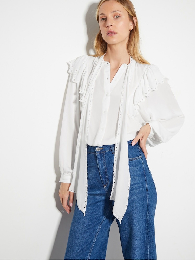 Monsoon Natural Cassie Broderie Frill Tie-Neck Blouse - Image 1 of 6
