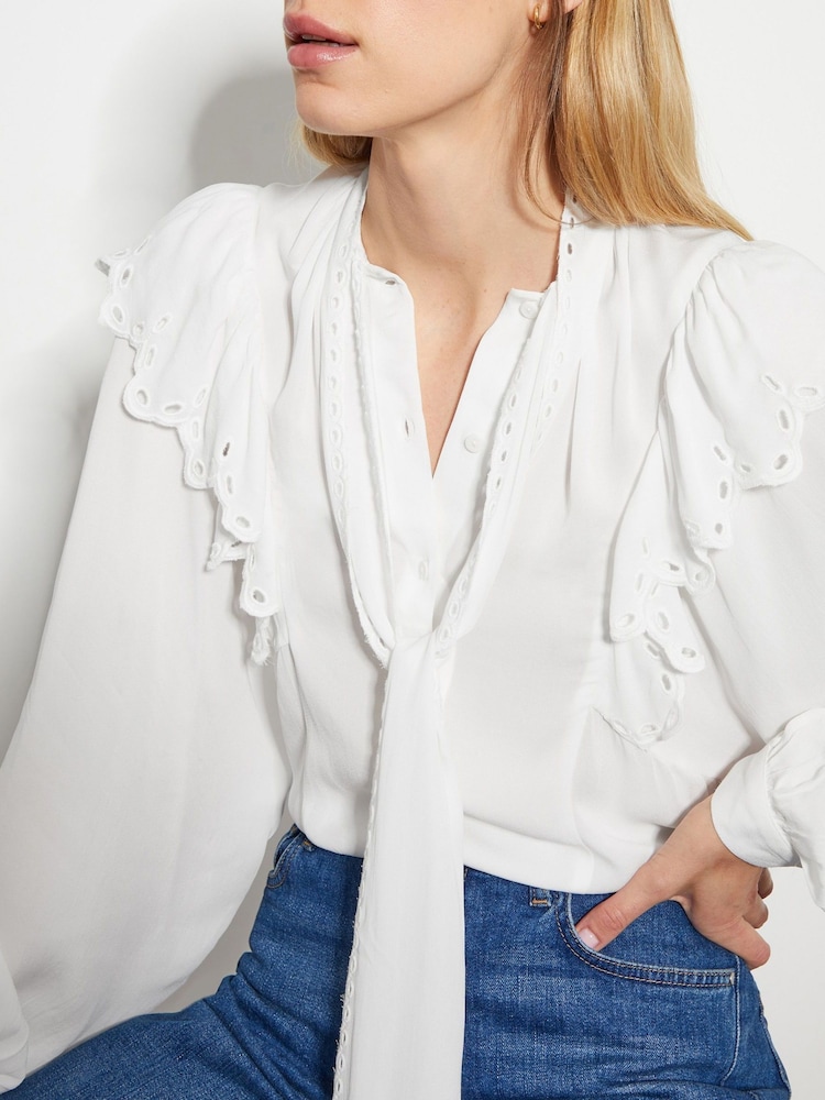 Monsoon Natural Cassie Broderie Frill Tie-Neck Blouse - Image 2 of 6