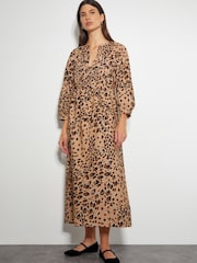 Monsoon Natural Raife Leopard Print Tie 100% Cotton Midi Dress - Image 1 of 5