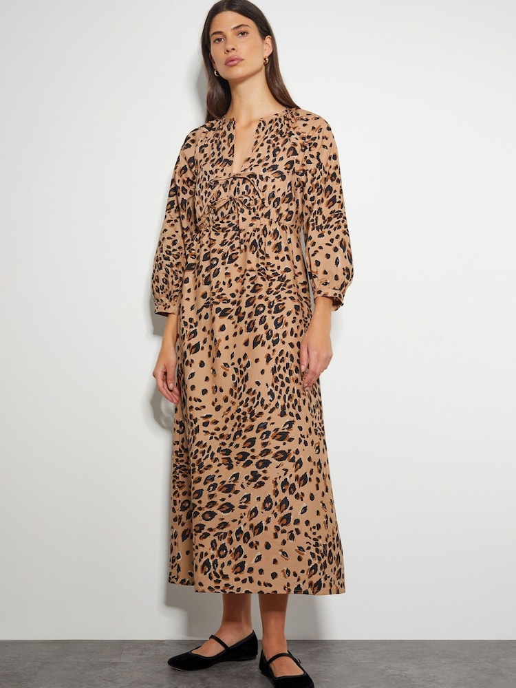 Monsoon Natural Raife Leopard Print Tie 100% Cotton Midi Dress - Image 1 of 5