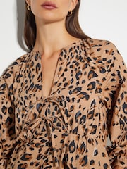 Monsoon Natural Raife Leopard Print Tie 100% Cotton Midi Dress - Image 4 of 5