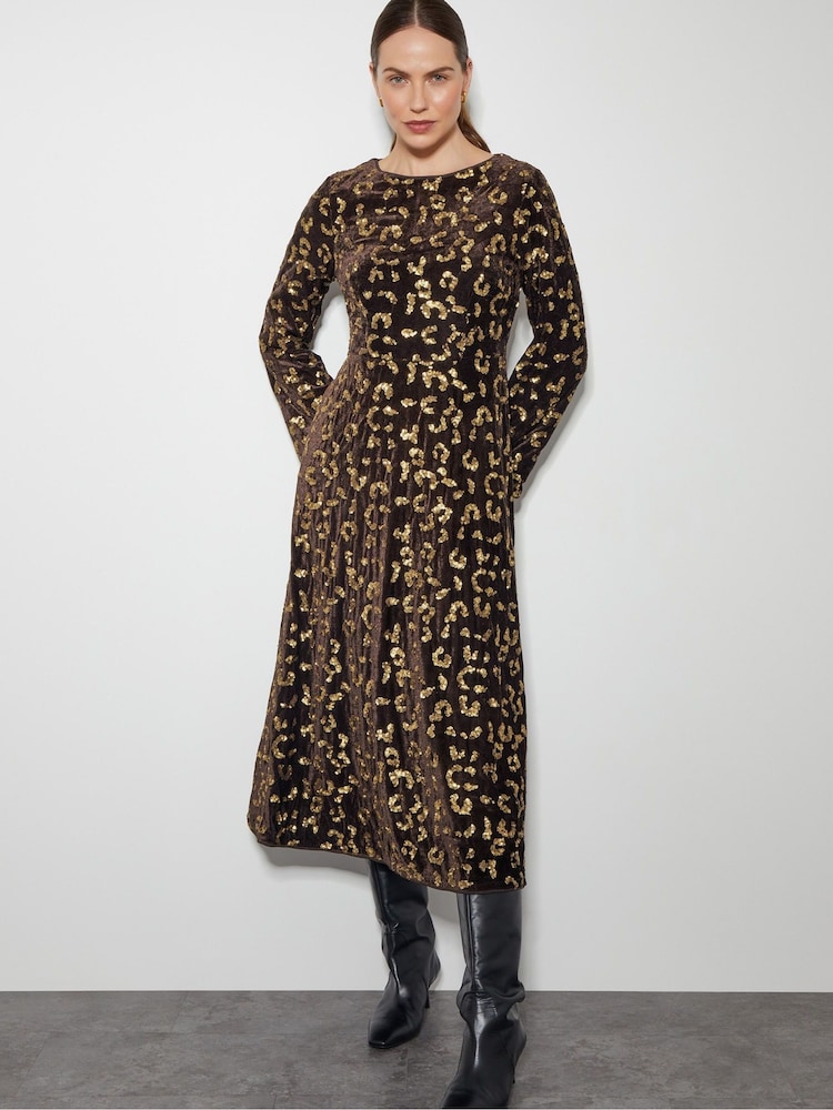 Monsoon Brown Arwen Sequin Leopard Velvet Midi Dress - Image 5 of 5