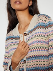 Monsoon Natural Fawn Fairisle Pattern Collar Cardigan - Image 4 of 5