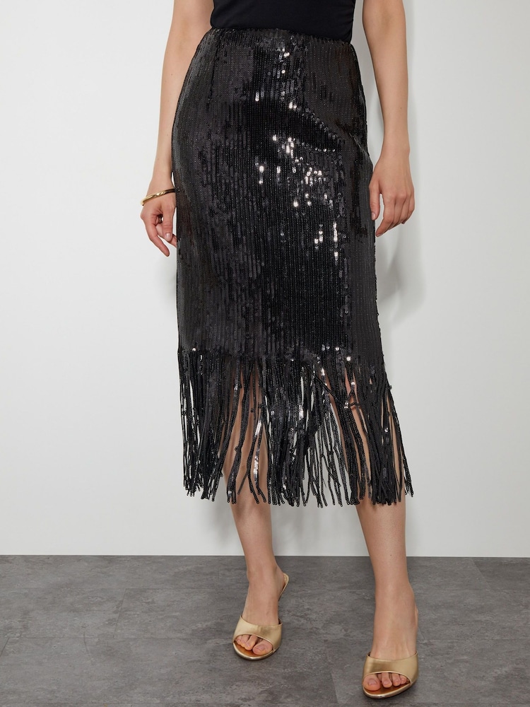 Monsoon Black Shay Sequin Tassel Pencil Skirt - Image 2 of 5 Monsoon Black Shay Sequin Tassel Pencil Skirt - Image 2 of 5