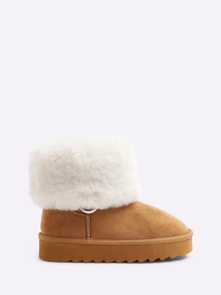 River Island Brown Girls Suedette Faux Fur Cuff Lined Boots - Image 1 of 4