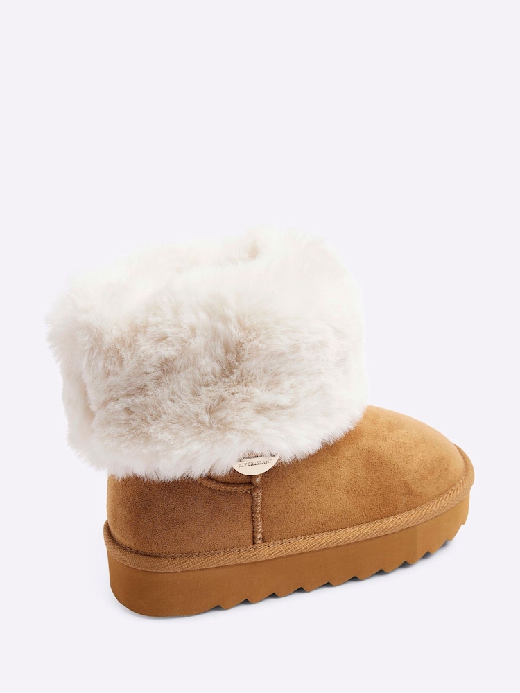 River Island Brown Girls Suedette Faux Fur Cuff Lined Boots - Image 2 of 4