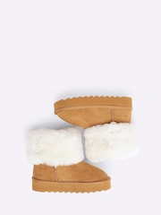 River Island Brown Girls Suedette Faux Fur Cuff Lined Boots - Image 3 of 4
