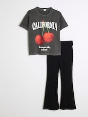 River Island Grey Girls Cherry 100% Cotton T-Shirt And Kickflare Set - Image 1 of 5