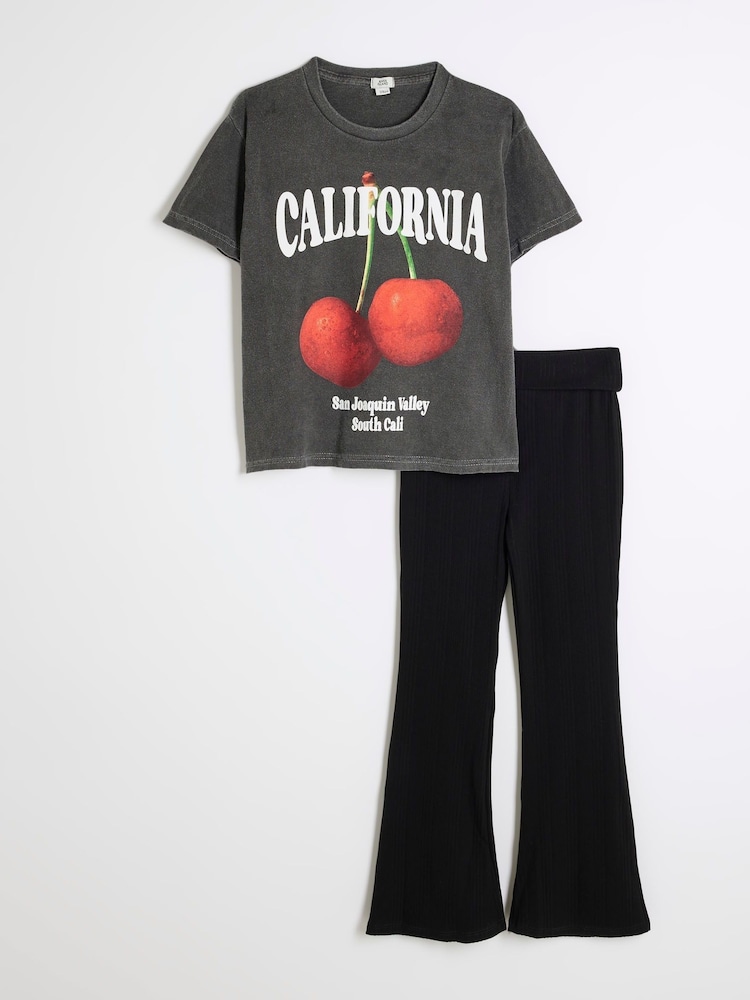 River Island Grey Girls Cherry 100% Cotton T-Shirt And Kickflare Set - Image 1 of 5