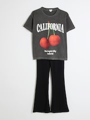River Island Grey Girls Cherry 100% Cotton T-Shirt And Kickflare Set - Image 3 of 5