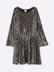 River Island Metallic Girls Rose Gold Mirror 100% Cotton Dress - Image 1 of 4