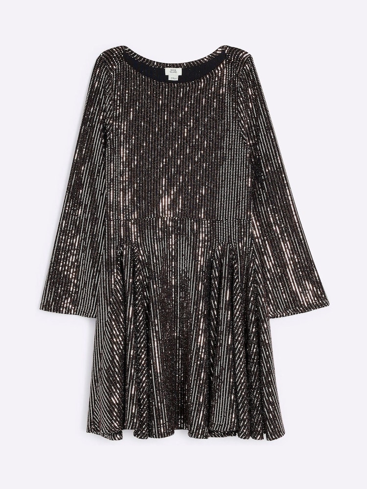 River Island Metallic Girls Rose Gold Mirror 100% Cotton Dress - Image 1 of 4