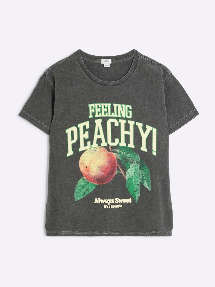 River Island Grey Girls Feeling Peachy 100% Cotton T-Shirt - Image 1 of 3 River Island Grey Girls Feeling Peachy 100% Cotton T-Shirt - Image 1 of 3