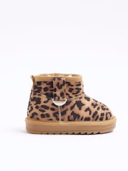 River Island Brown Girls Suedette Leopard Faux Fur Lined Boots - Image 1 of 4