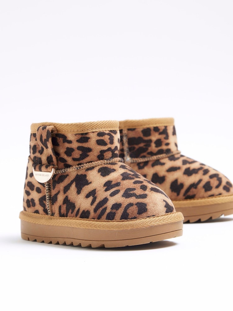 River Island Brown Girls Suedette Leopard Faux Fur Lined Boots - Image 2 of 4