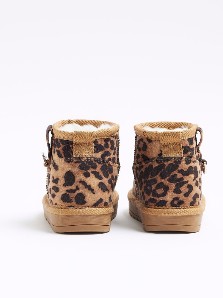 River Island Brown Girls Suedette Leopard Faux Fur Lined Boots - Image 4 of 4