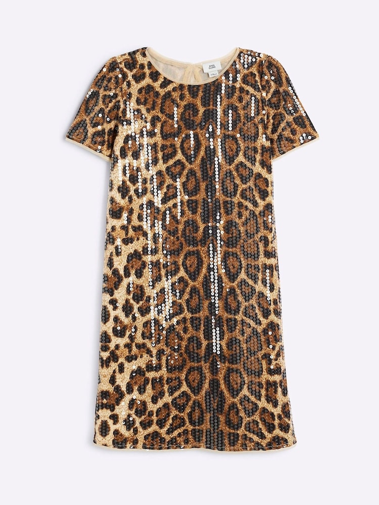 River Island Brown Girls Leopard Sequin Tshirt Dress - Image 1 of 3