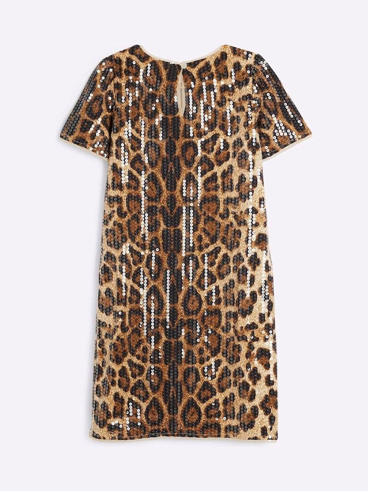 River Island Brown Girls Leopard Sequin Tshirt Dress - Image 2 of 3