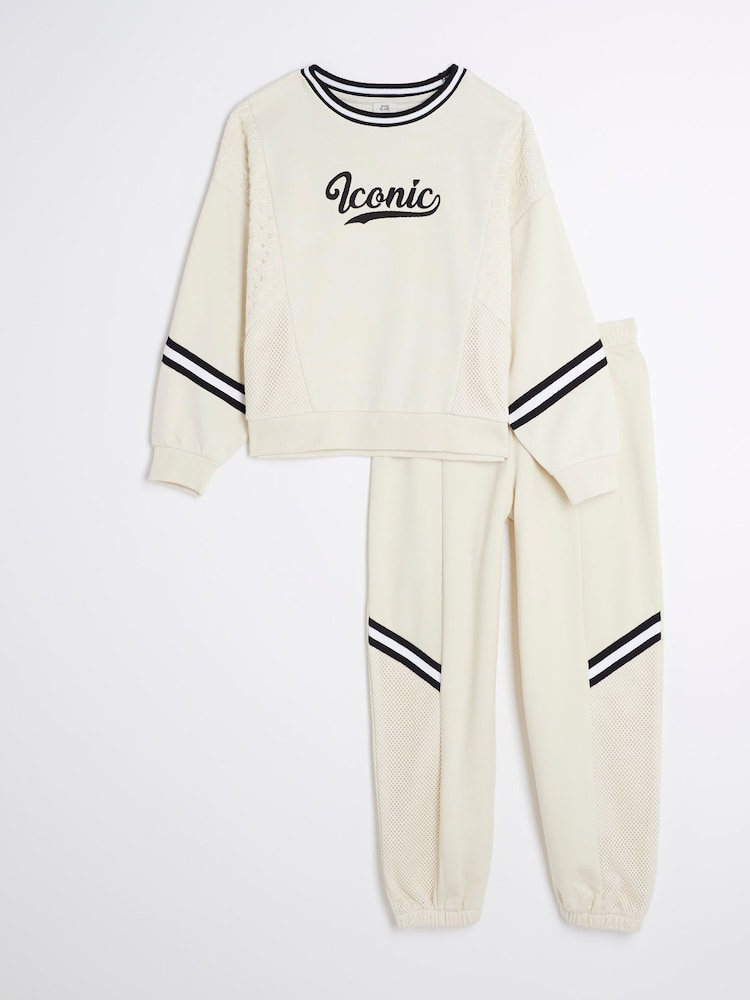 River Island Cream Girls Lace Blocked 100% Cotton Sweat Top Set - Image 1 of 6