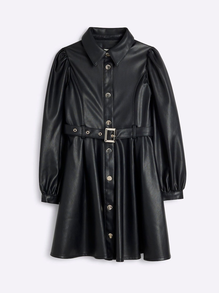 River Island Black Girls Faux Leather Shirt Dress - Image 1 of 4