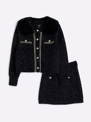 River Island Black Girls Sequin Chain Cardigan Set - Image 1 of 4