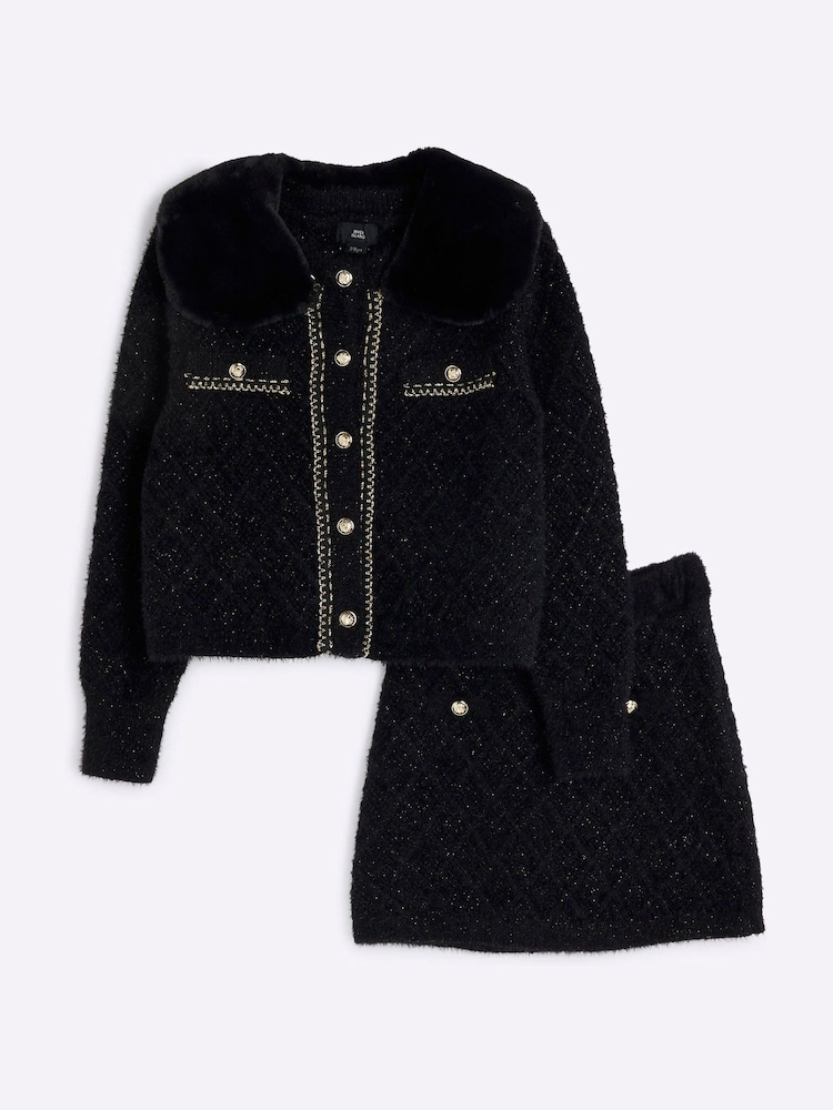 River Island Black Girls Sequin Chain Cardigan Set - Image 1 of 4