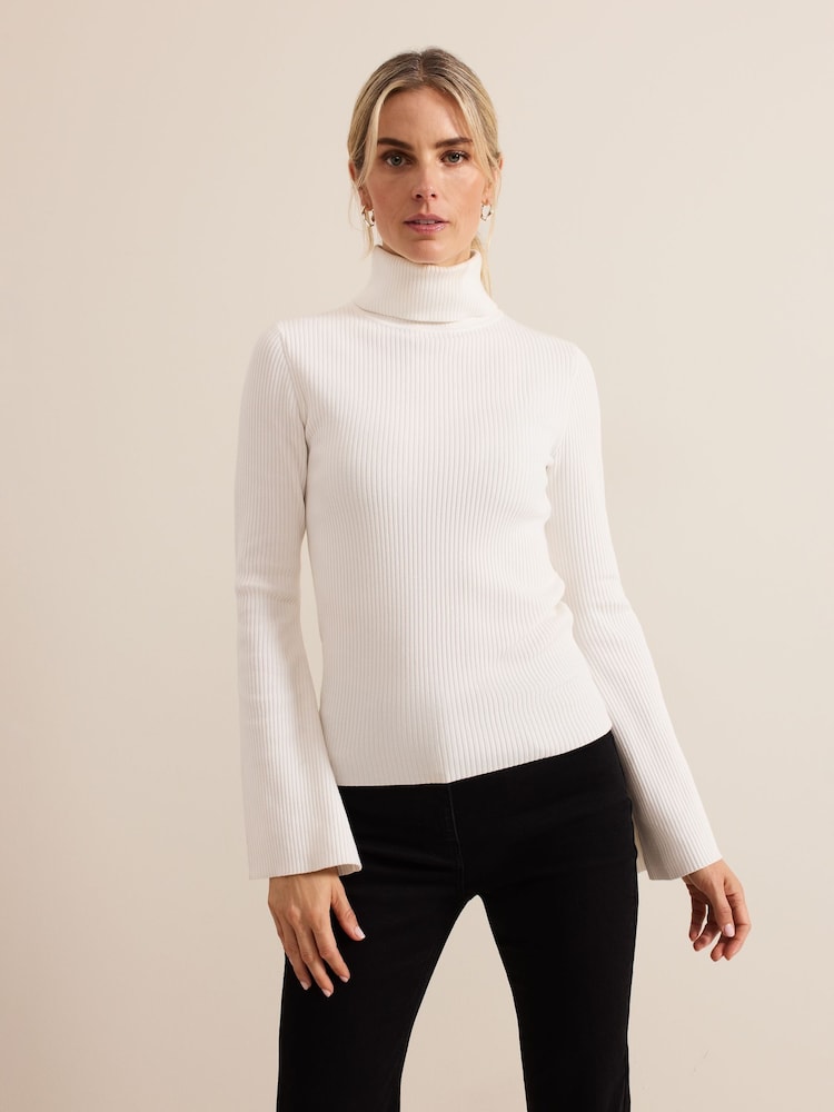 Phase Eight White Fran Fluted Sleeve Ribbed Roll Neck Jumper - Image 1 of 7