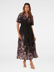 Forever New Black Adele Printed Midi Dress with a touch of Linen - Image 1 of 3
