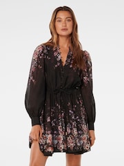 Forever New Black Anastasia Printed Skater Mini Dress with a touch of Linen - Image 1 of 4