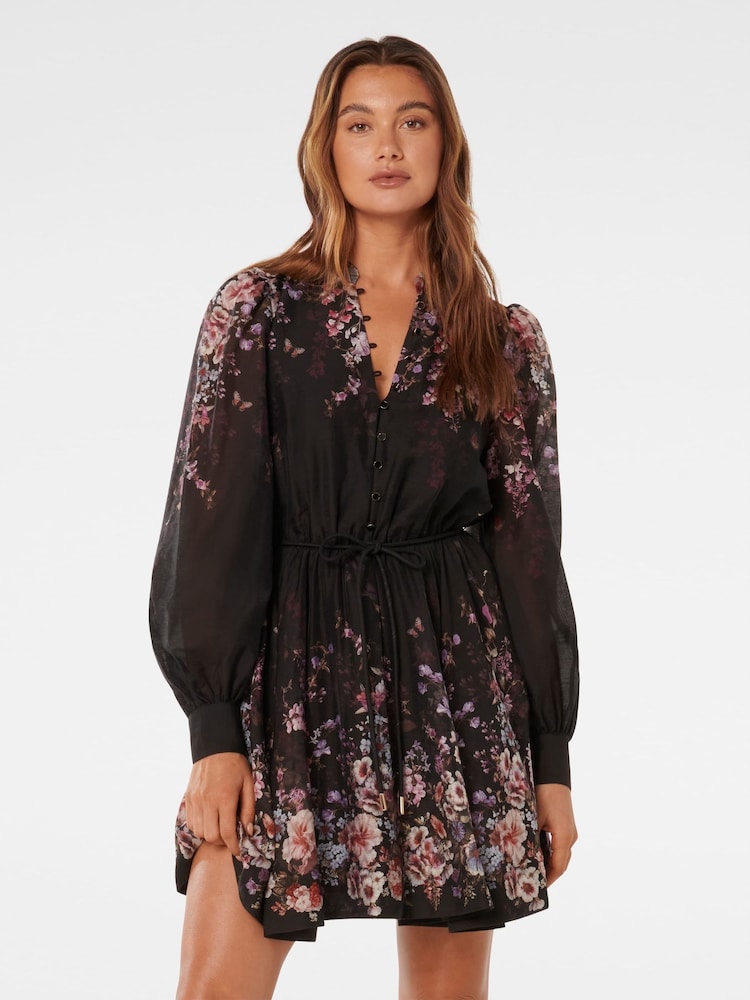Forever New Black Anastasia Printed Skater Mini Dress with a touch of Linen - Image 1 of 4