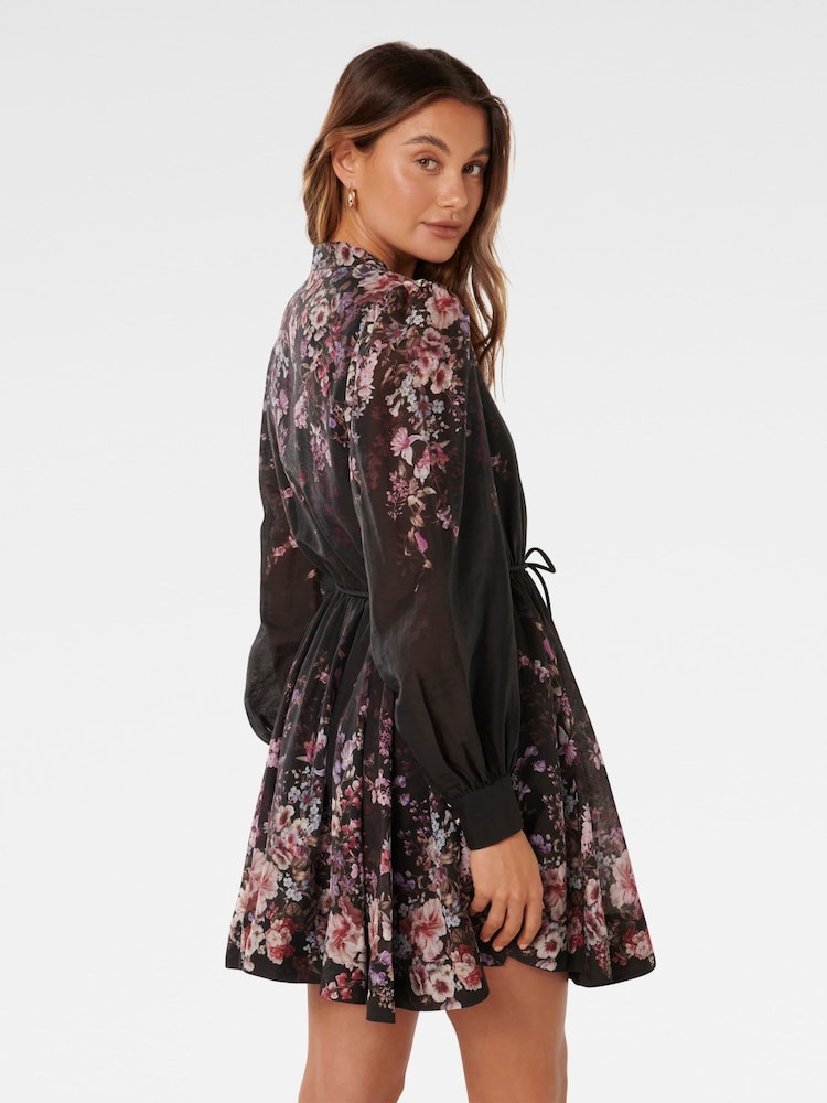 Forever New Black Anastasia Printed Skater Mini Dress with a touch of Linen - Image 2 of 4