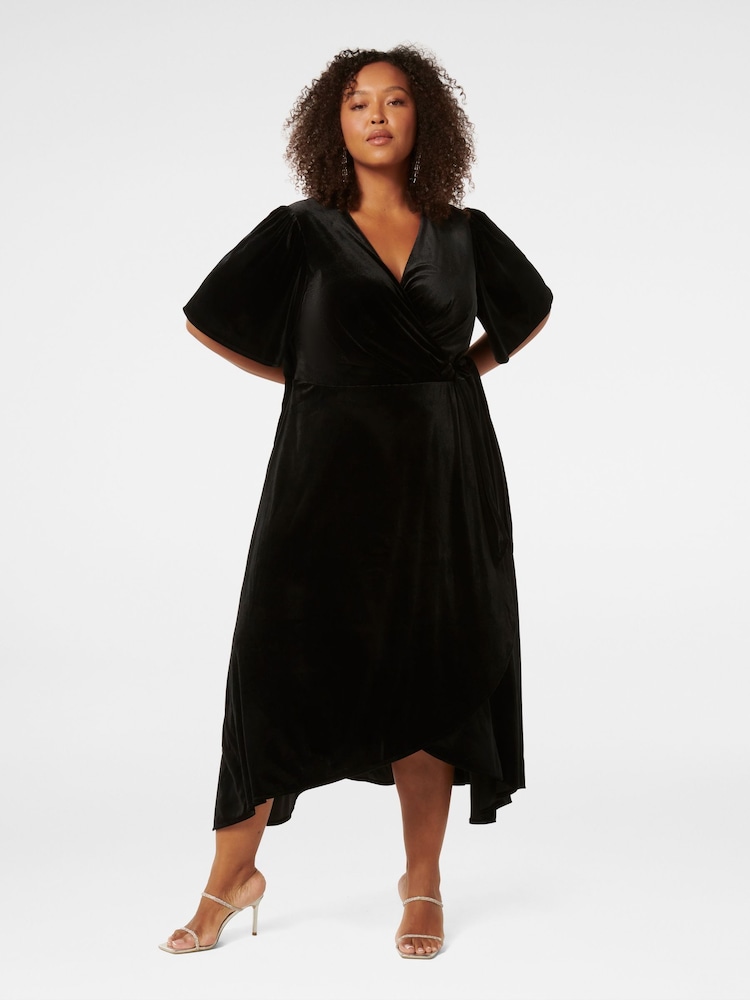 Forever New Black Violet Curve Velvet Wrap Dress - Image 1 of 3