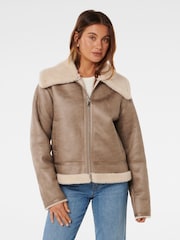 Forever New Brown Jamie Shearling Top Collar Aviator Style Jacket - Image 1 of 4