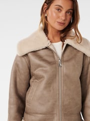 Forever New Brown Jamie Shearling Top Collar Aviator Style Jacket - Image 3 of 4