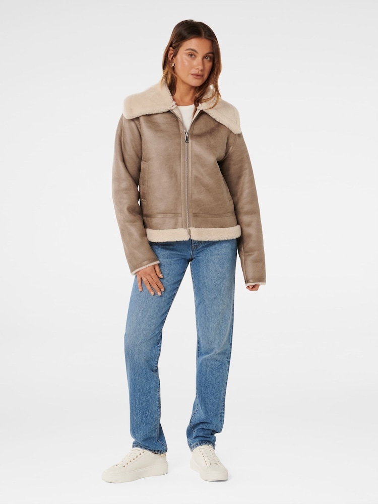 Forever New Brown Jamie Shearling Top Collar Aviator Style Jacket - Image 4 of 4