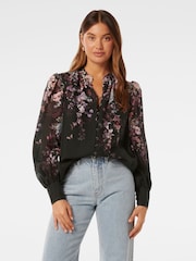 Forever New Black Parker Placement Print Top With a Touch of Linen - Image 1 of 4