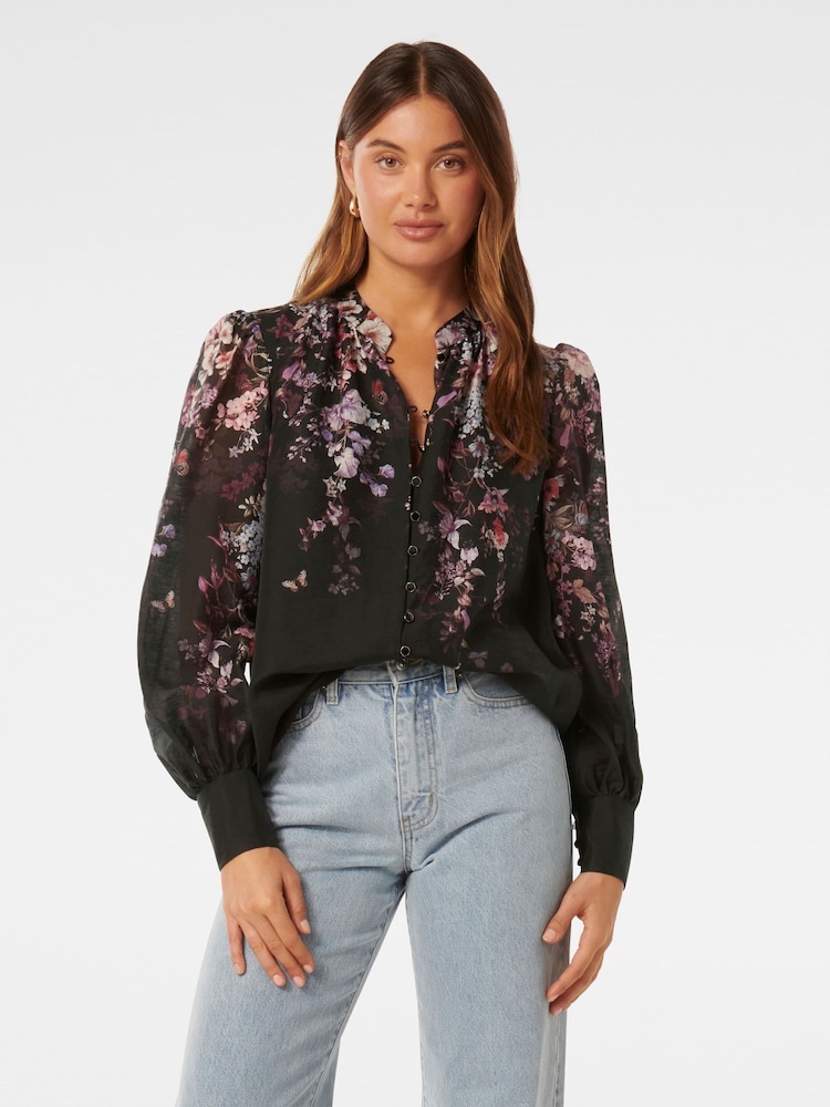 Forever New Black Parker Placement Print Top With a Touch of Linen - Image 1 of 4
